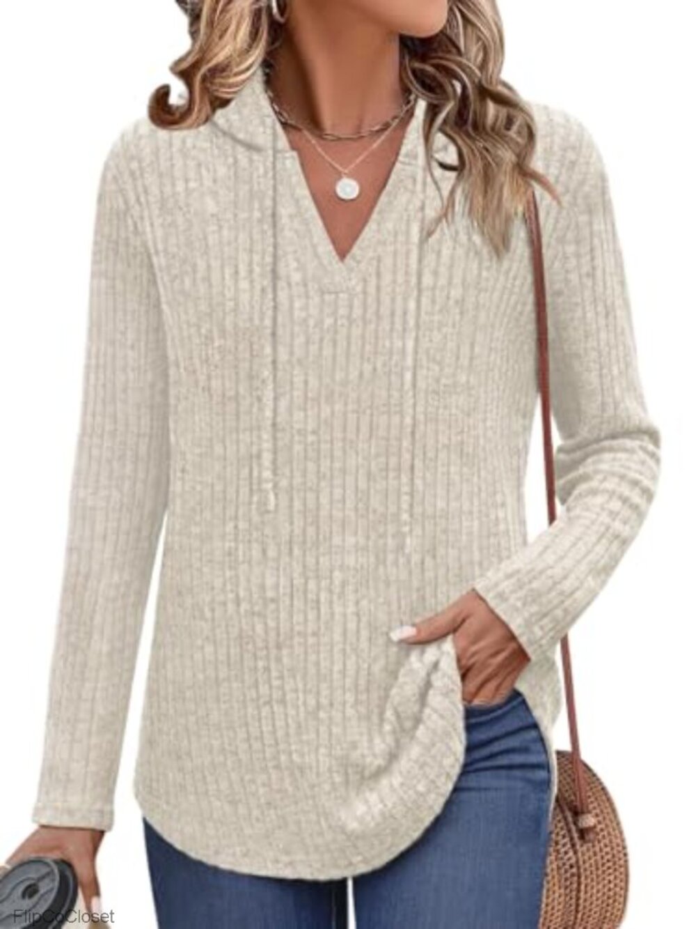 Women's V-Neck Ribbed Knit Pullover Hoodie Long Sleeve Fall Sweater